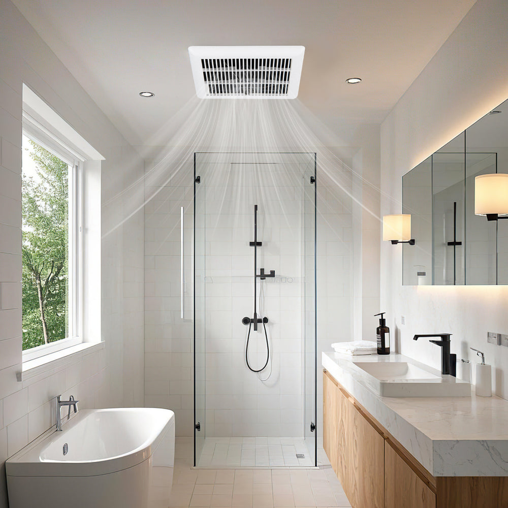 Ceiling mount bathroom exhaust fan installed in a modern bathroom, featuring a sleek design and efficient 80 CFM.