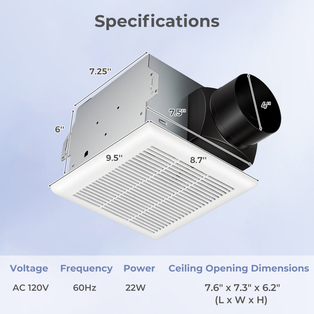 Ceiling mount bathroom exhaust fan with metal housing, 80 CFM airflow, and 4-inch duct for efficient ventilation.