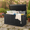 Black 80-gallon outdoor deck box with lockable lid, ideal for storing cushions and tools, featuring a stylish wood-look texture.
