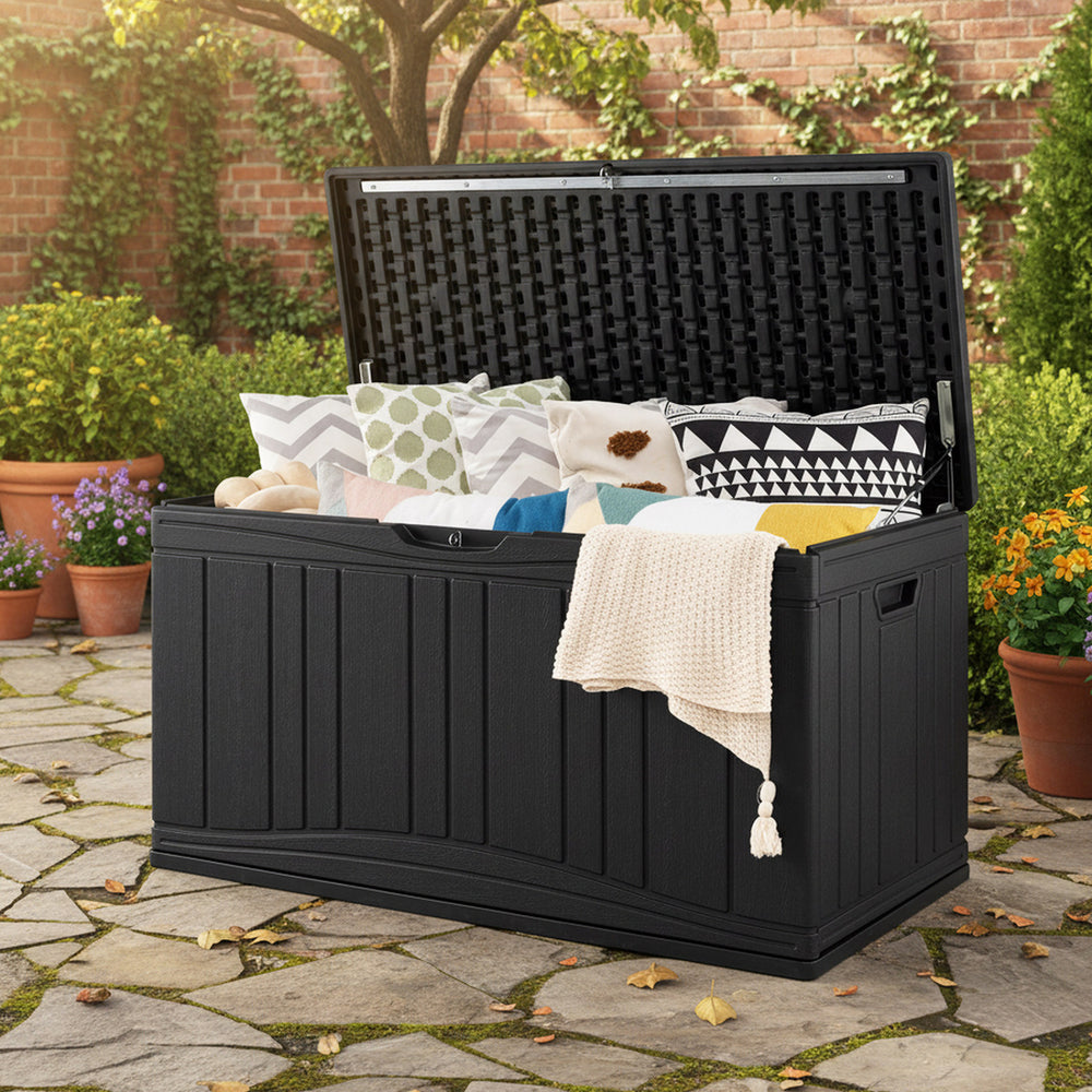 80 Gallon Outdoor Deck Box with Lockable Lid for Garden Tools Cushions-Black - Gallery View 1 of 10