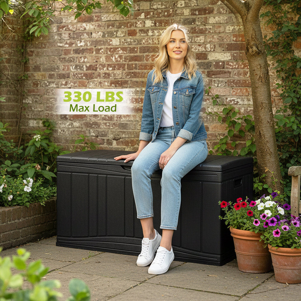 80-gallon black outdoor deck box with lockable lid, supports 330 lbs, ideal for storing cushions and garden tools.
