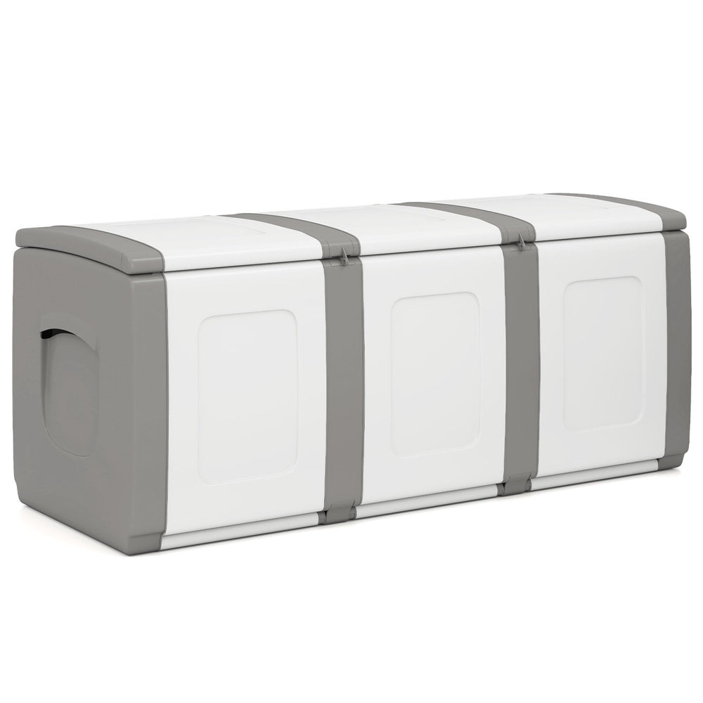 Gray 80-gallon patio container with lockable lid, waterproof design, and dual-tone style for outdoor storage and use.