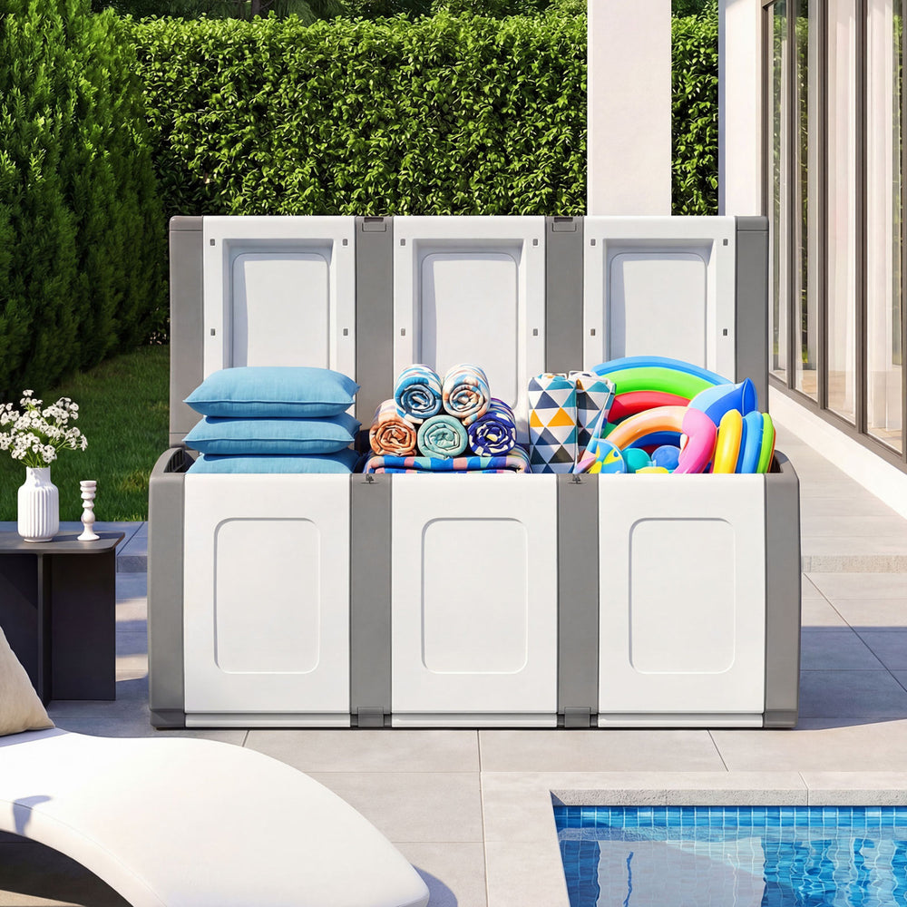 80-gallon gray patio container with lockable lid, storing outdoor supplies and cushions, ideal for stylish organization.