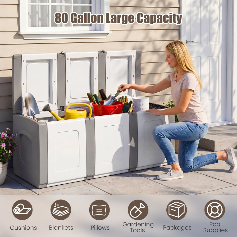 80-gallon gray patio container with lockable lid, storing outdoor supplies, ideal for garden tools and cushions.