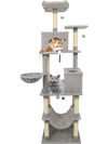 Tall cat tree in light gray with 2 large condos, soft perches, and dangling toys for playful relaxation.