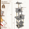 80-inch tall light gray cat tree with 2 large condos, plush perches, and sisal scratching posts for multiple cats.