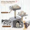 Tall cat tree with two cozy top perches, soft plush fabric, and large condos for lounging and hiding.