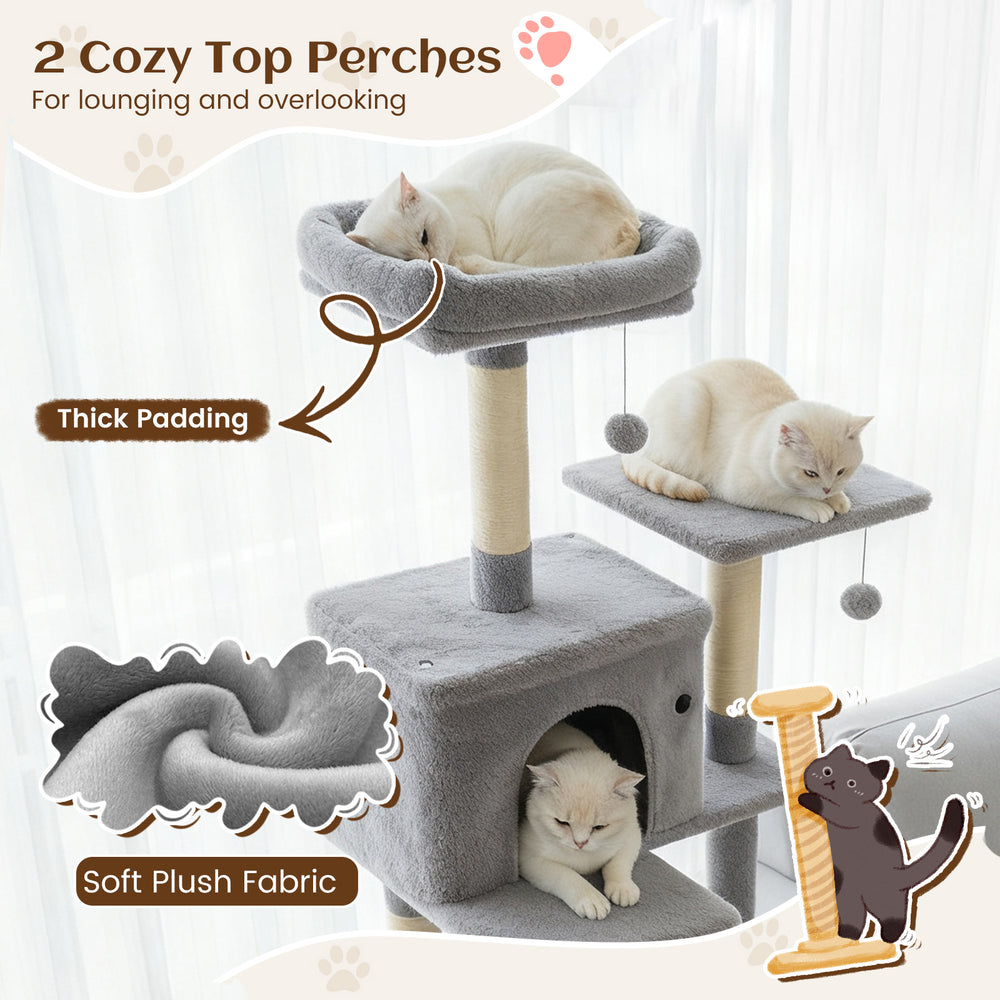 Tall cat tree with two cozy top perches, soft plush fabric, and large condos for lounging and hiding.