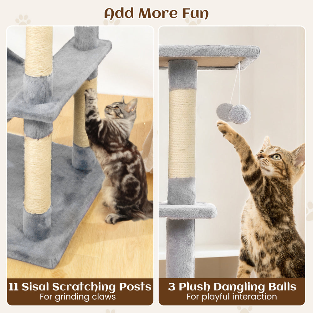 Cat tree with sisal scratching posts and plush dangling balls, designed for playful interaction and healthy claw care.