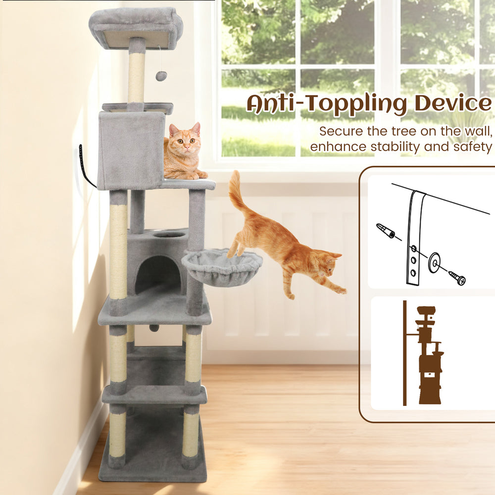 Tall 80-inch light gray cat tree with 2 large condos, plush perches, and sisal scratching posts for multiple cats.