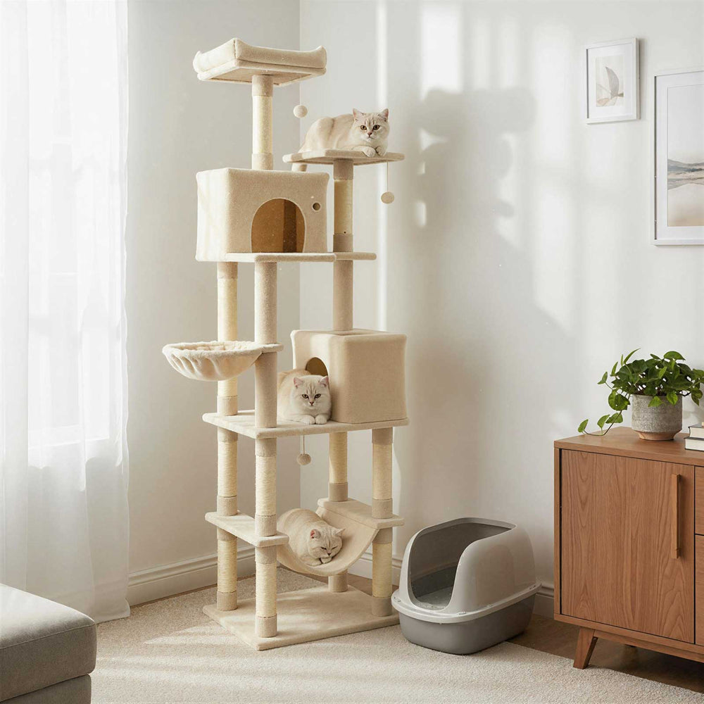 80 Inches Tall Cat Tree with 2 Large Condos and Dangling Toys-Beige - Gallery View 1 of 10