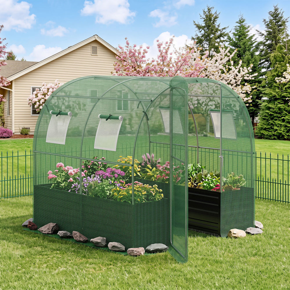 Walk-in greenhouse with heavy-duty PE cover, large plant bed, and mesh windows for ventilation and pest protection.