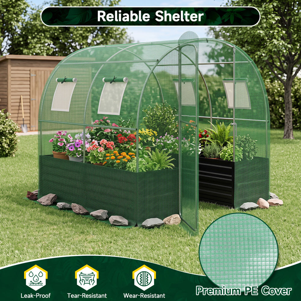 Walk-in greenhouse with heavy-duty PE cover, featuring large plant bed and mesh windows for pest control and ventilation.