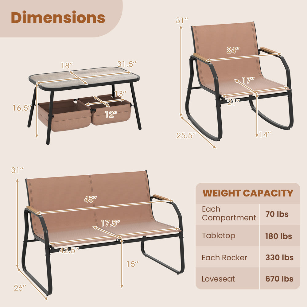 Rocking bistro chairs and coffee table from a 4-piece patio furniture set in coffee color, ideal for outdoor relaxation.
