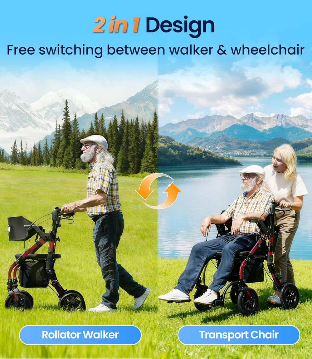 Vocic Z59 2-in-1 Bariatric Rollator Transport Chair Folding 19" Wide Seat 400 Lbs New