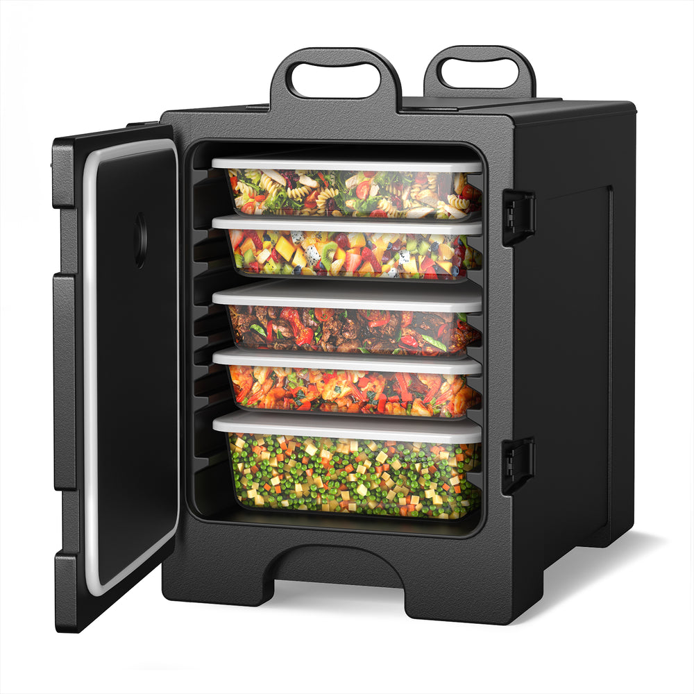 End-loading insulated food pan carrier in black with 81-quart capacity, ideal for maintaining food temperatures for.