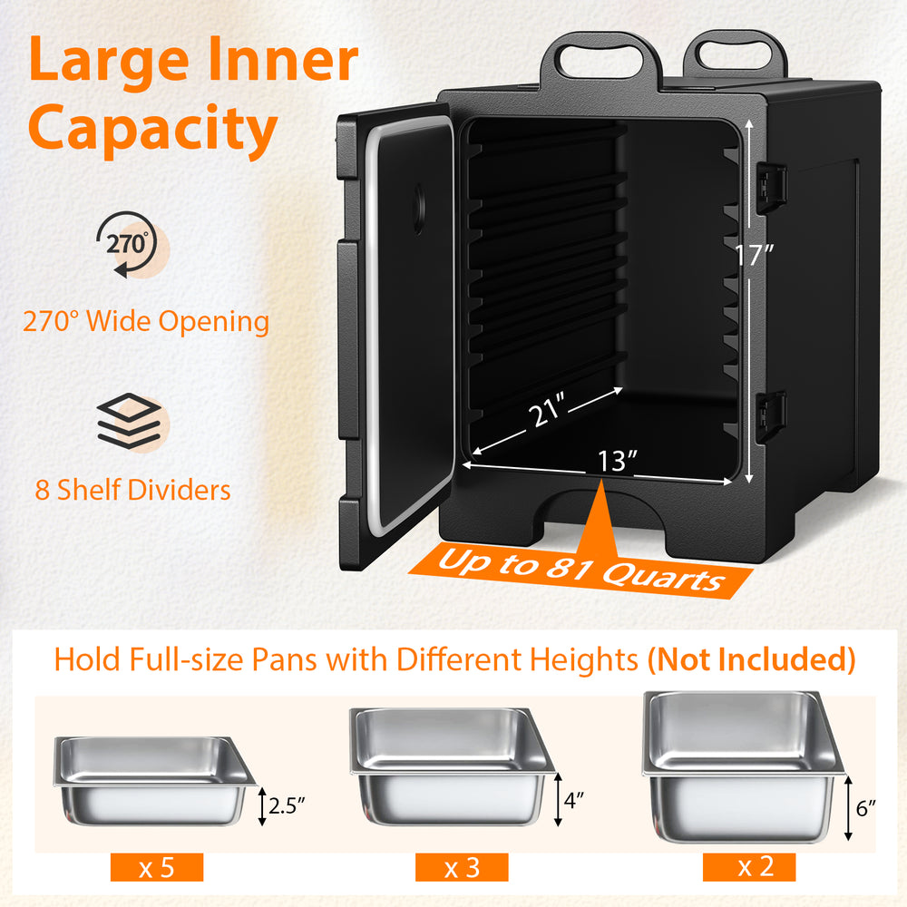 81-quart insulated food pan carrier with 270° door, featuring 8 shelf dividers for versatile food storage.