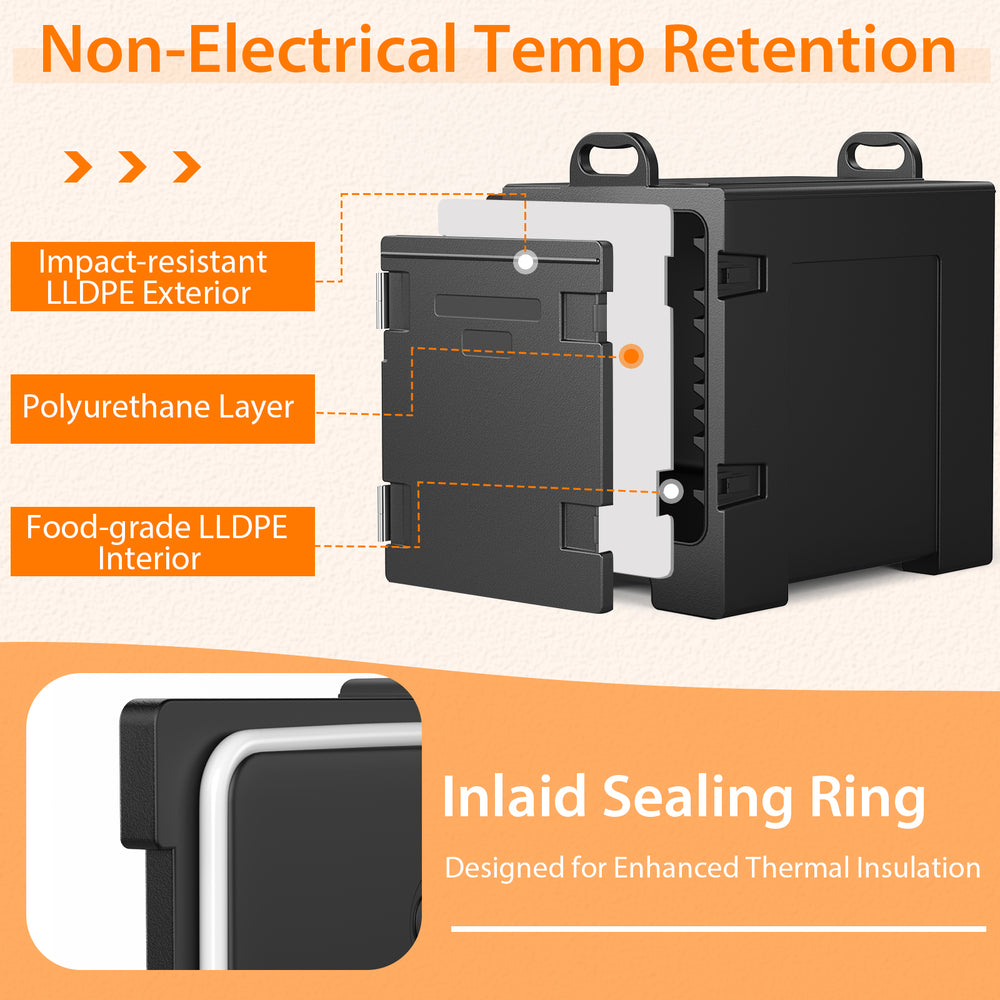 End-loading insulated food pan carrier in black with 81-quart capacity, designed for optimal thermal insulation and.