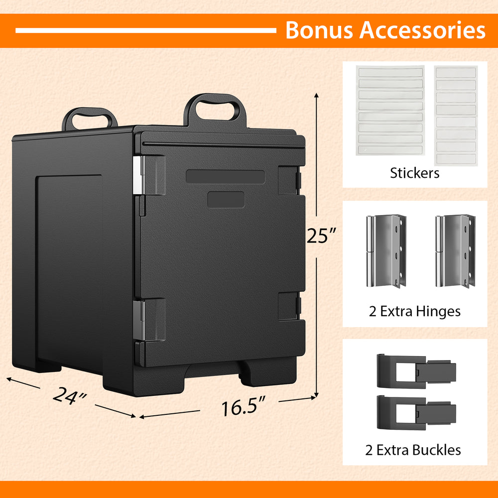 81-quart insulated food pan carrier in black with adjustable vent cap and user-friendly handles for easy transport.
