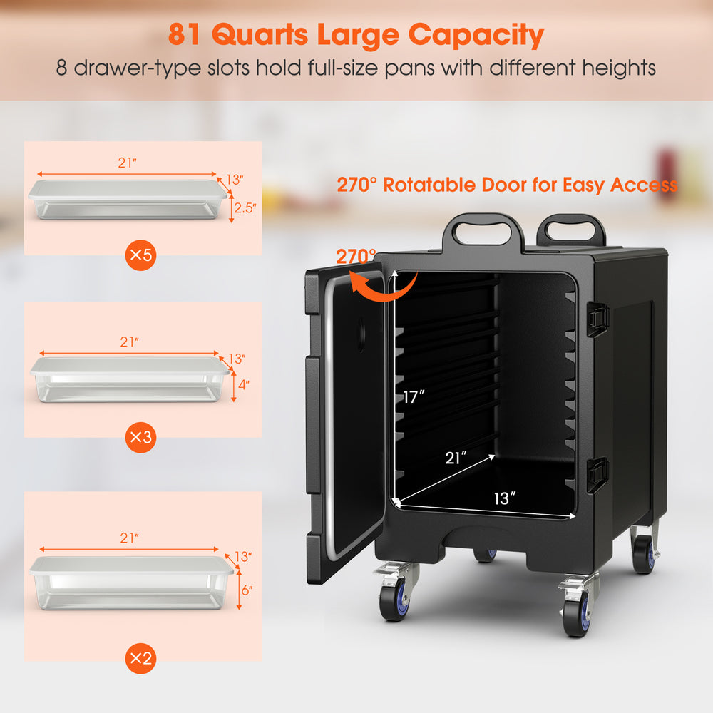 81 Quart insulated food pan carrier with wheels, featuring a 270° door for easy access and multiple slots for full-size.
