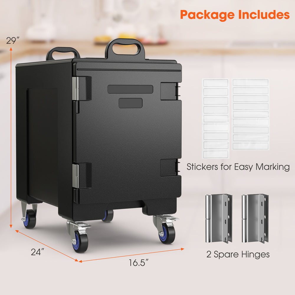 81 Quart insulated food pan carrier with wheels, featuring multiple slots and durable food-grade material for easy.