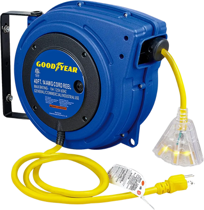 Goodyear Retractable Extension Cord Reel Mountable 14AWG x 40' Led Light Up Tap Triple Connector 63313134G New
