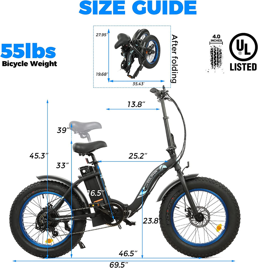 Ecotric Dolphin E-Bike 36V 12.5AH 500W 21-23 MPH 20" Fat Tire Folding Matte Black New