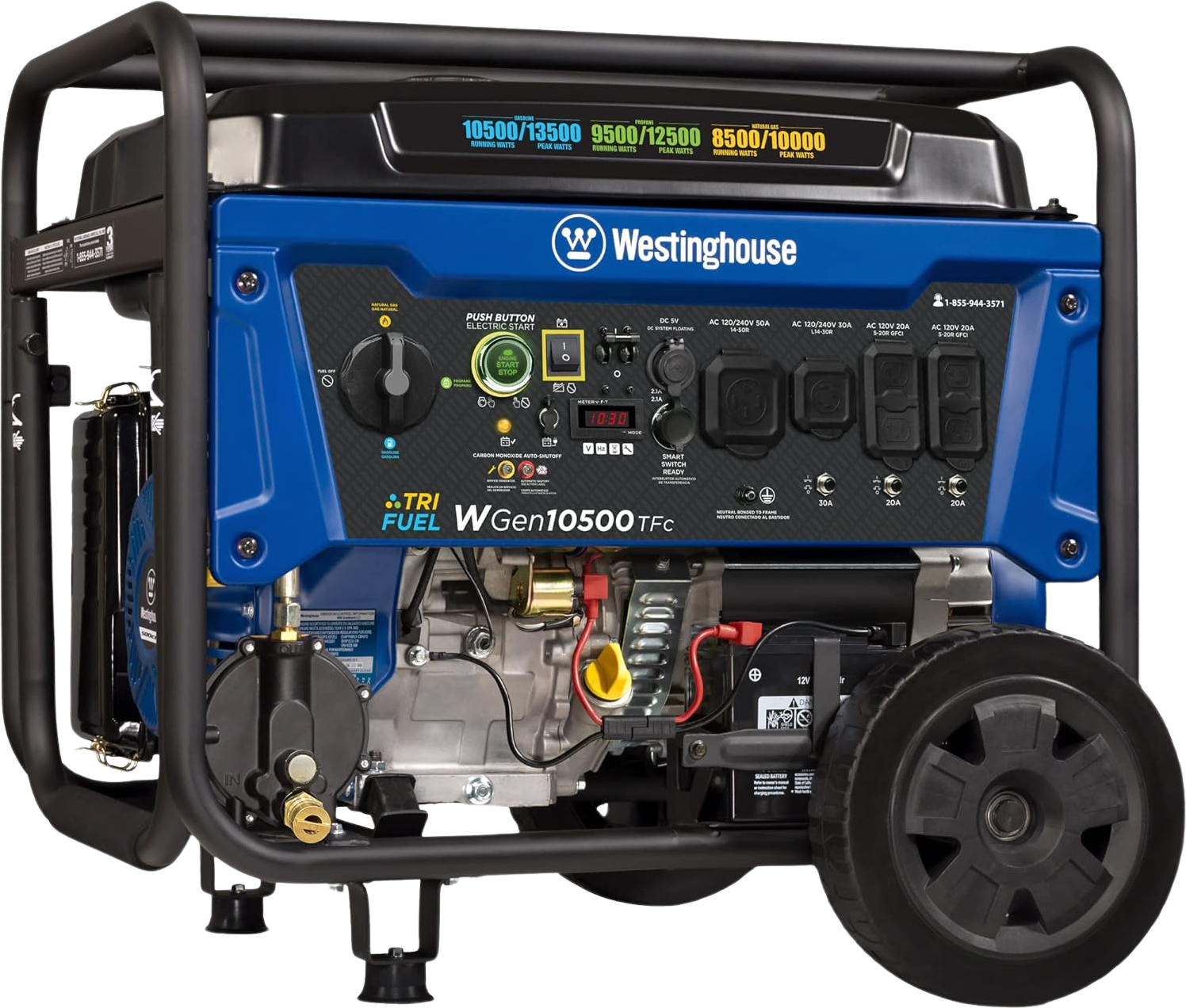 Westinghouse WGen10500TFc Tri-Fuel Generator 10500W/13500W 50 Amp Remote Start with CO Sensor New