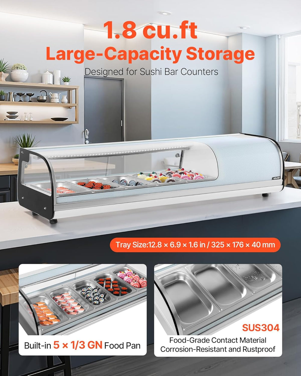 Vevor Commercial Display Case Refrigerator 1.8 Cu. Ft 5-Pan LED Lighting Temp Control New