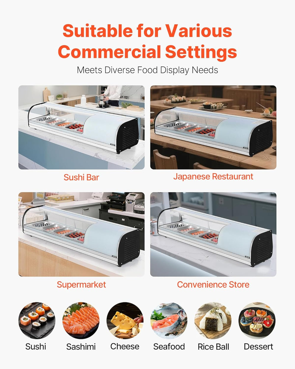 Vevor Commercial Display Case Refrigerator 1.8 Cu. Ft 5-Pan LED Lighting Temp Control New