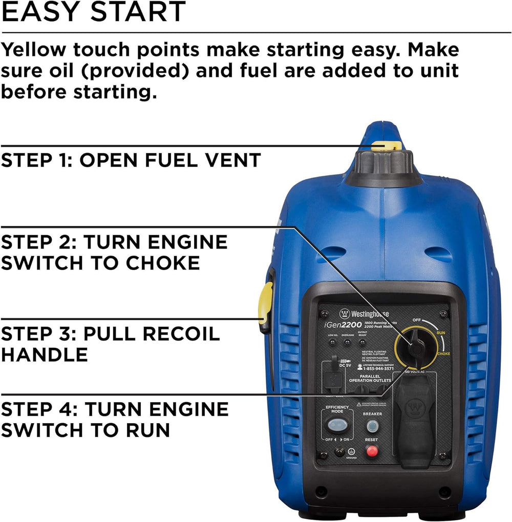 Westinghouse iGen2200c Inverter Generator 1800W/2200W 20 Amp Recoil Start Gas with CO Sensor New