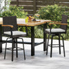 Two One Outdoor 360° swivel bar stools with brown PE rattan and acacia wood armrests, perfect for backyard or poolside.