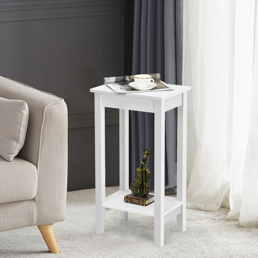 White 2-tier end table with solid wood legs, featuring a storage shelf, perfect for bedside or sofa side use.
