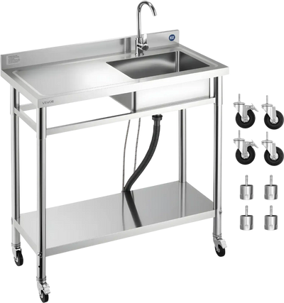Vevor Utility Sink 39.4 x 19.7 in. with Casters Left Drainboard Stainless Steel New