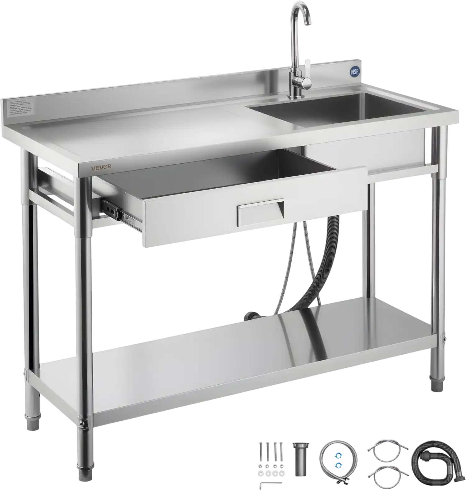Vevor Utility Sink 47 x 19.7 in. with Casters Drawer Left Drainboard Stainless Steel New