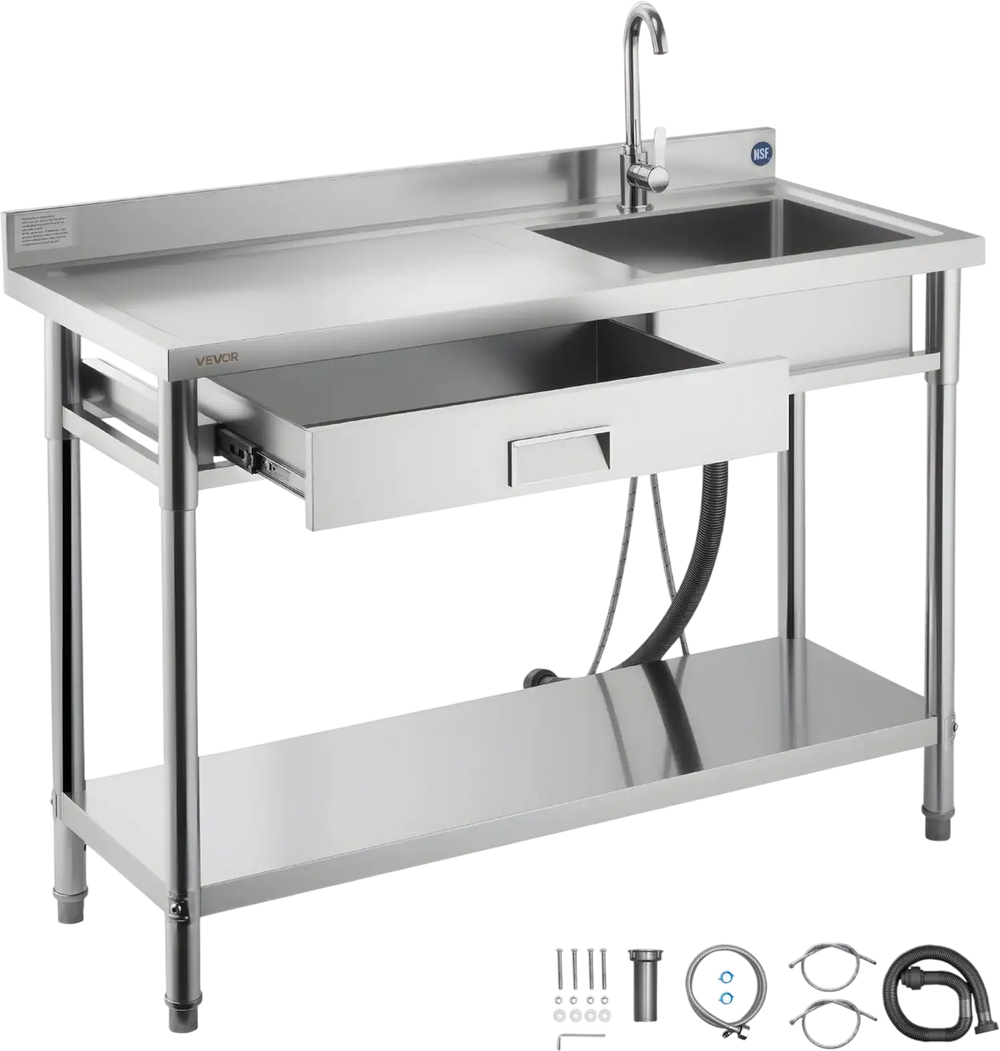 Vevor Utility Sink 47 x 19.7 in. with Casters Drawer Left Drainboard Stainless Steel New