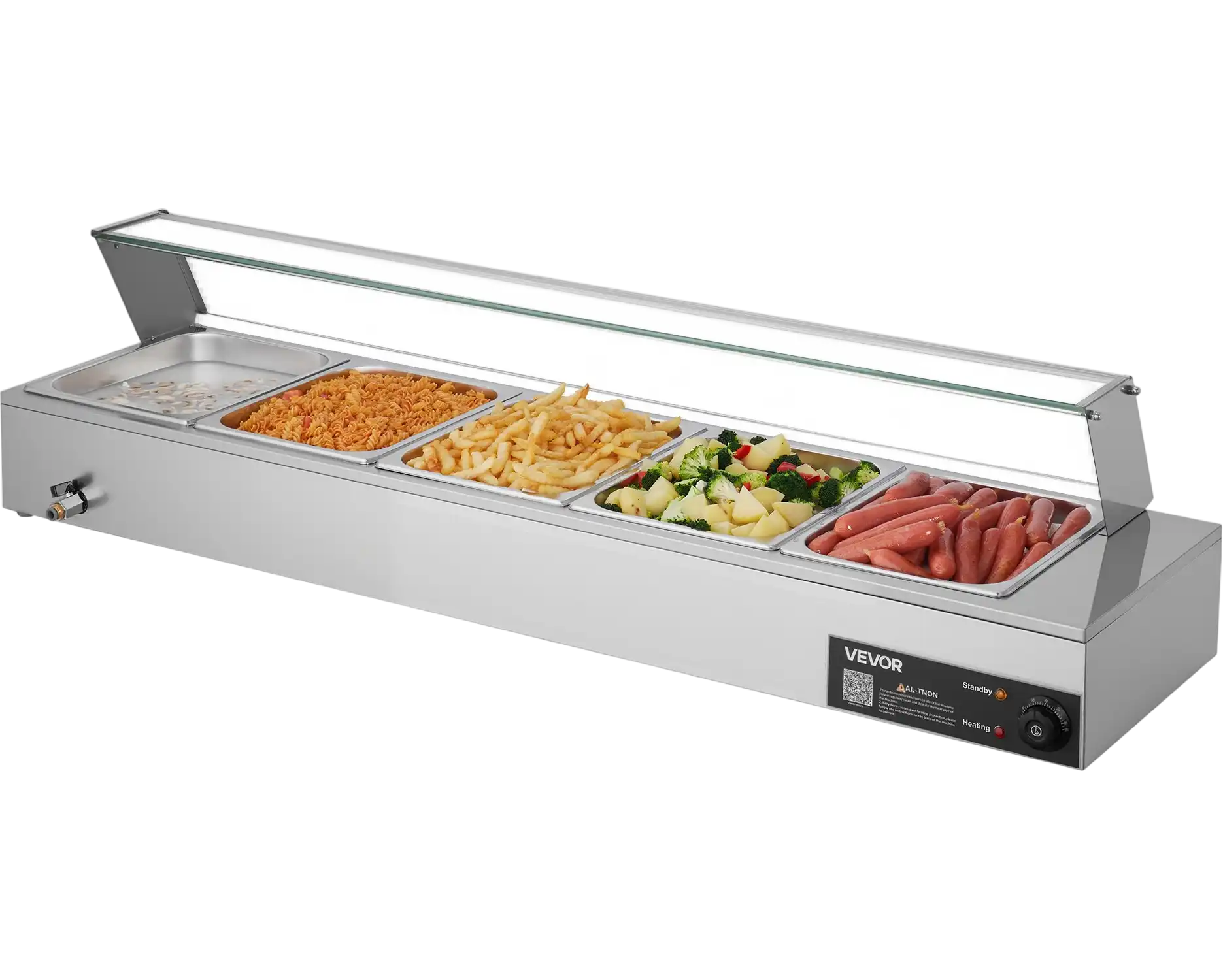 Vevor Commercial Steam Food Warmer with Glass Cover 5 Pans Stainless Steel 1500W New