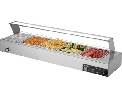 Vevor Commercial Steam Food Warmer with Glass Cover 5 Pans Stainless Steel 1500W New