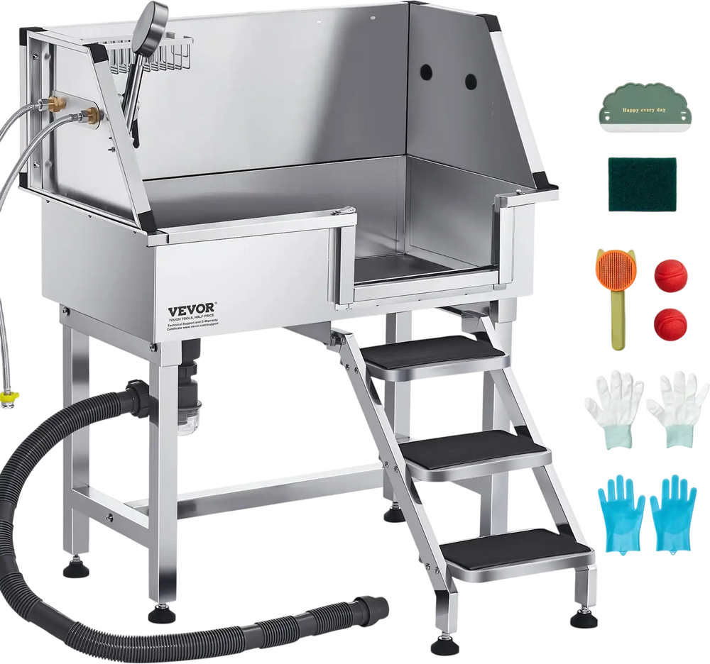 Vevor Pet Grooming Tub 34" with Hot Cold Faucet Non-Slip Stairs Stainless Steel New