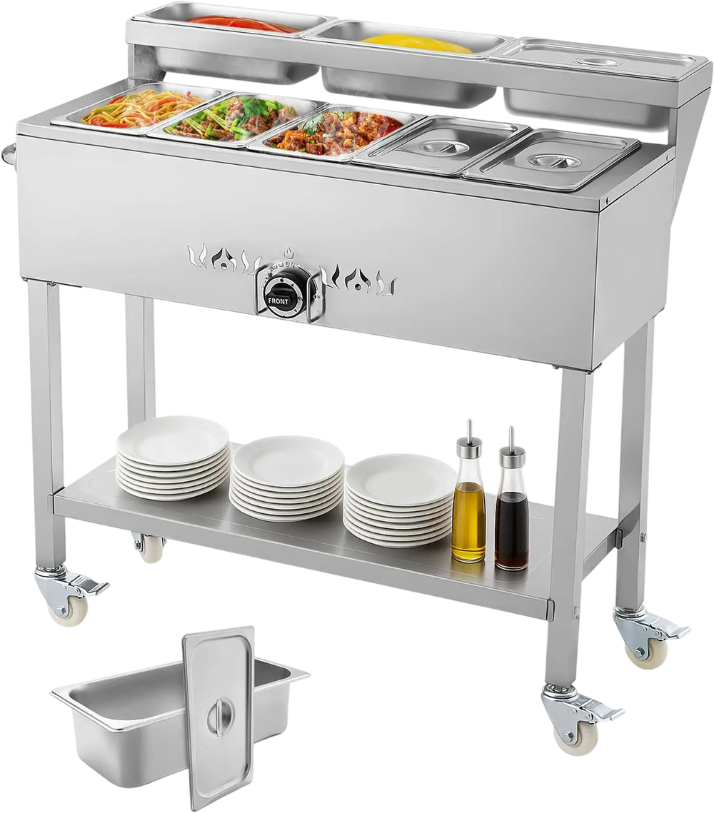 Vevor Commercial Steam Table 5 Food Pans 3 Condiment Pans 3" Wheels Stainless Steel New
