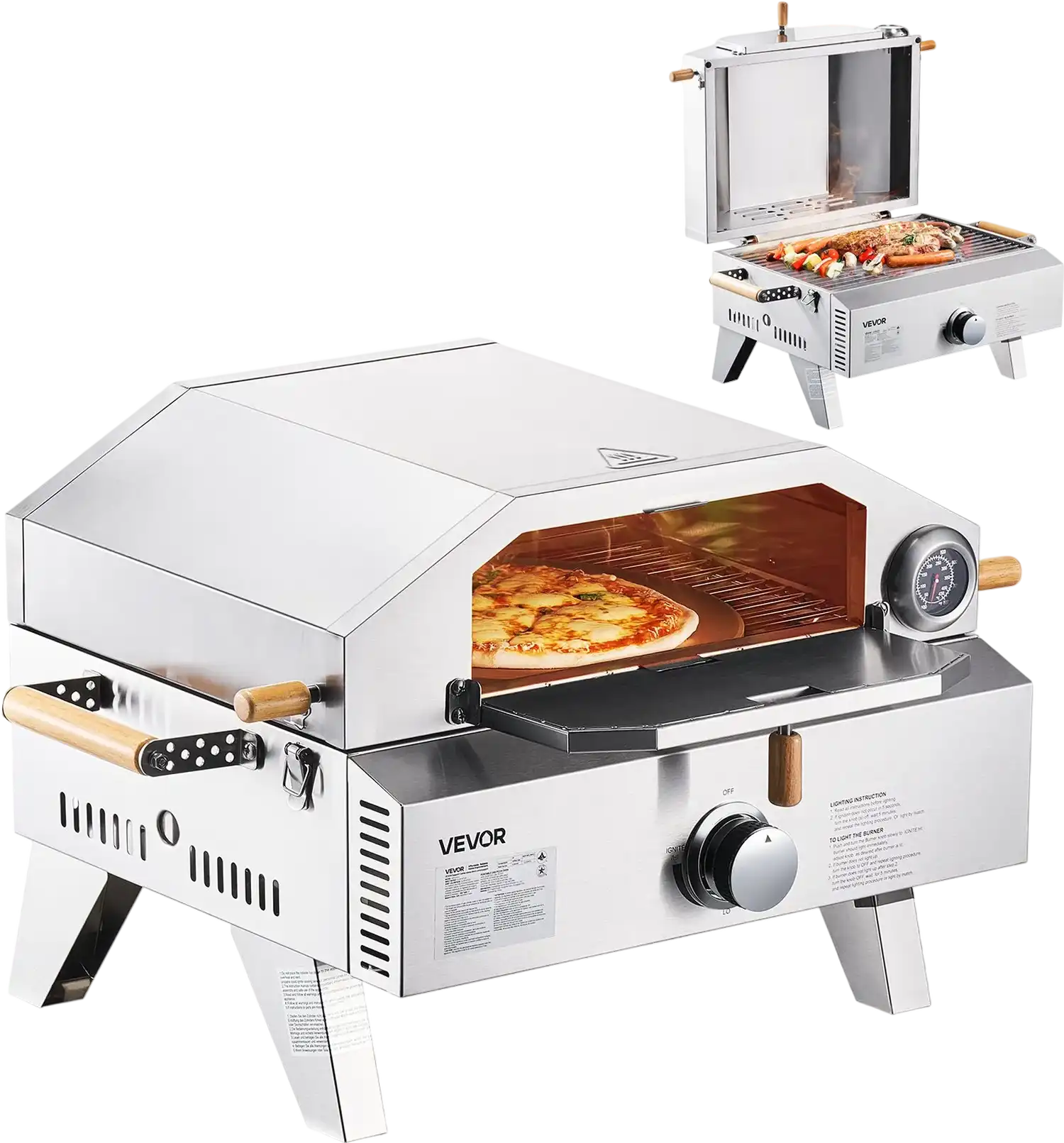 Vevor Pizza Oven 2-in-1 Grill 13 in. Gas Fired with Built-in Thermometer Cordierite Pizza Stone New