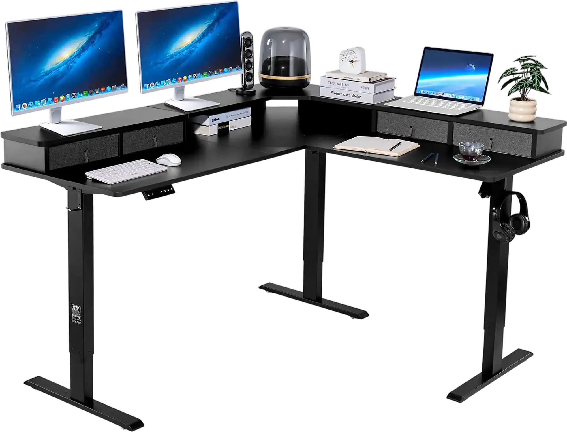 Vevor Electric Desk 63 x 55 in. L-Shaped with CPU Stand 4 Fabric Drawers New