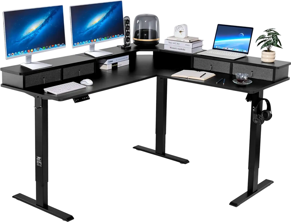 Vevor Electric Desk 63 x 55 in. L-Shaped with CPU Stand 4 Fabric Drawers New
