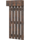 Rustic brown wall-mounted coat rack with upper storage cabinet and five metal hooks, ideal for entryways and compact.
