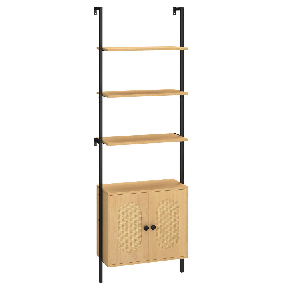 Three-tier bookshelf with natural wood shelves and black metal frame, ideal for organizing office supplies and decor.