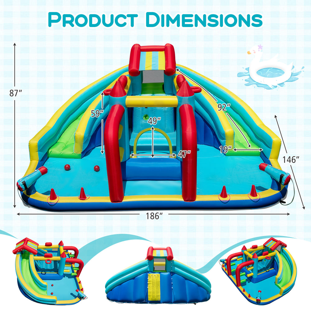 Inflatable Double Water Slide Park with obstacle course, 680W blower, featuring slides, cannons, and jumping house for.