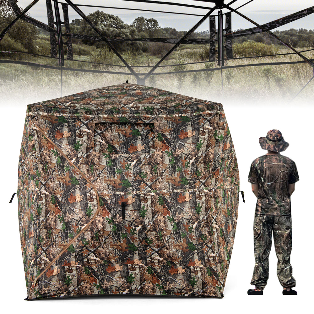 Hunting blind with camouflage design, 82" tall, features 270° visibility, accommodates 3-4 hunters for stealthy outdoor.