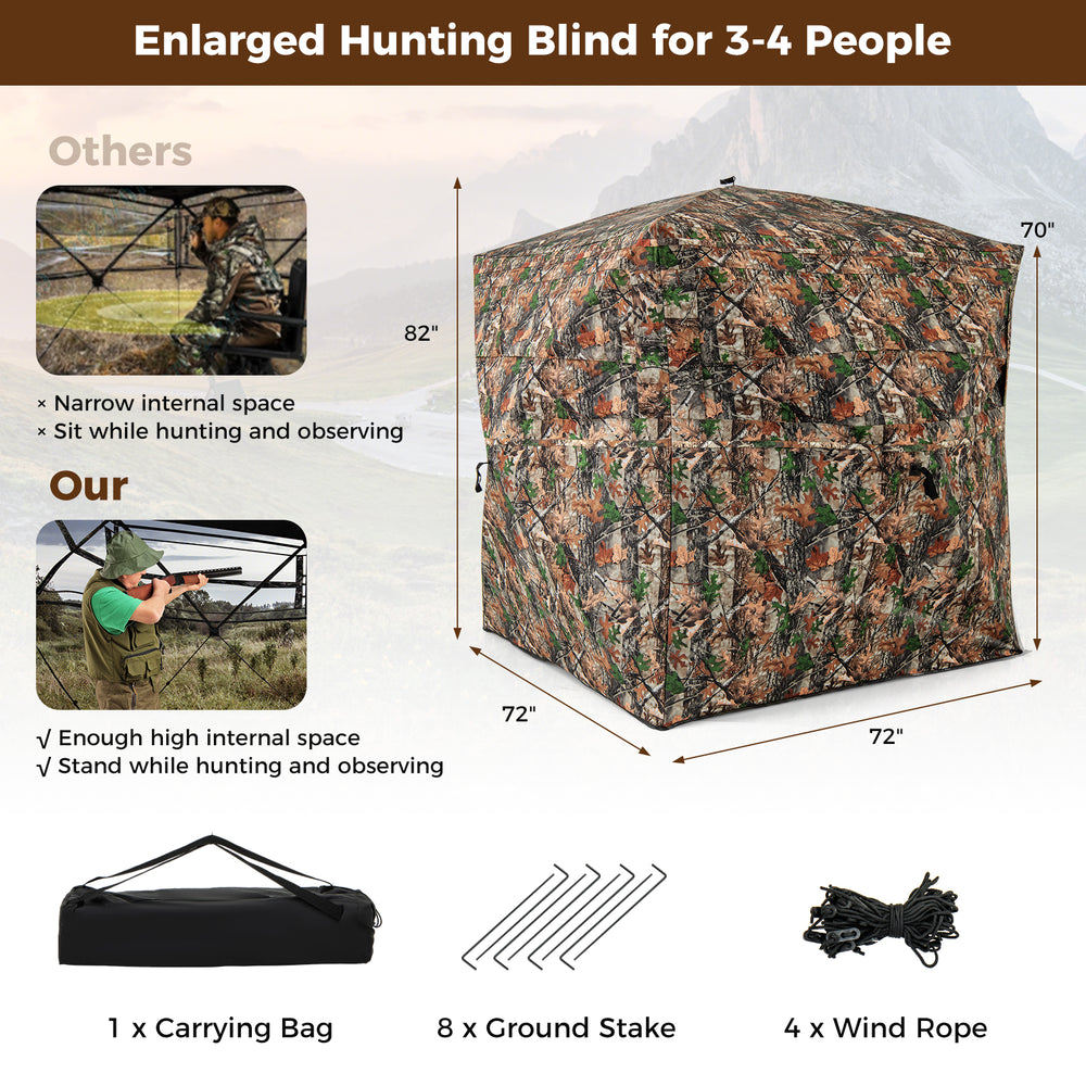 Enlarged 82-inch tall hunting blind for 3-4 people with camouflage pattern, featuring one-way see-through panels and.