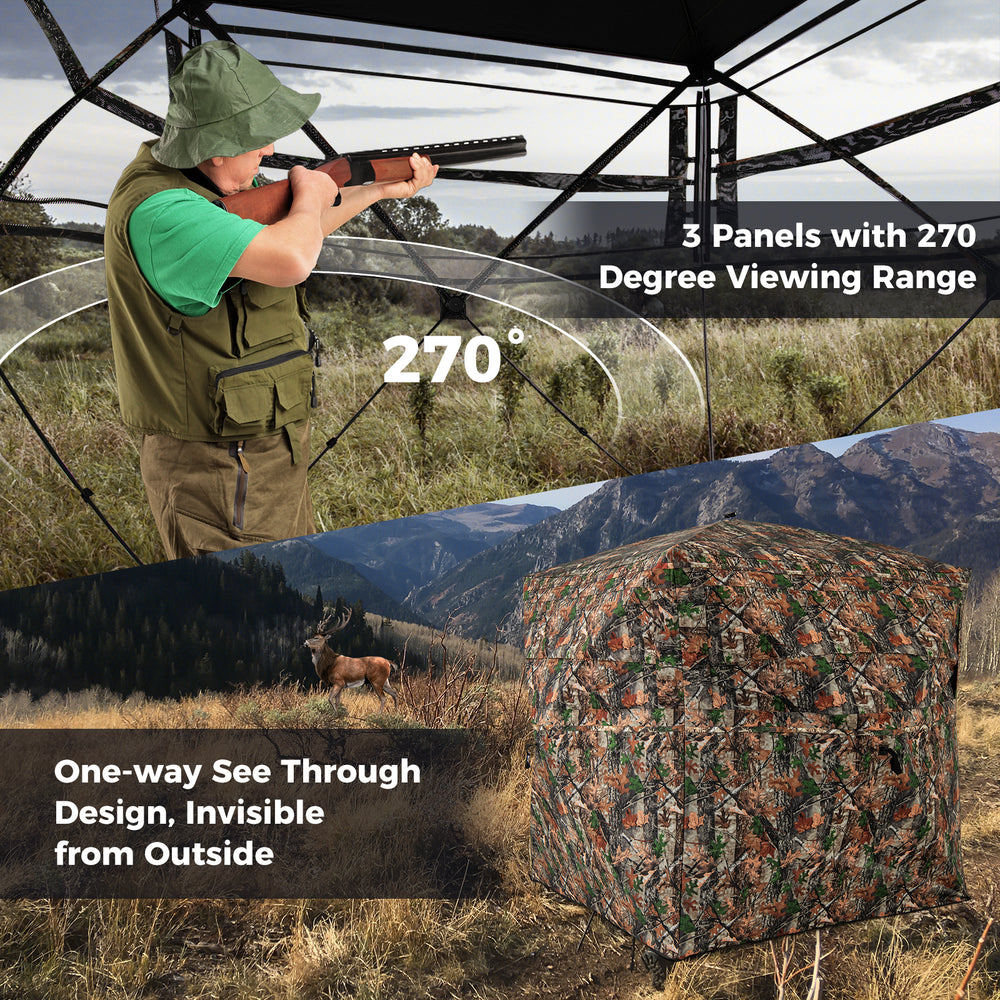 82-inch tall hunting blind with 270° one-way see-through panels, ideal for 3-4 hunters, featuring camouflage design.