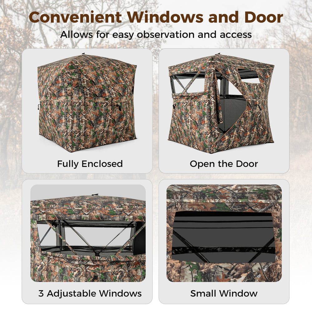 Hunting blind with camouflage design, featuring 3 adjustable windows and zippered door for 3-4 hunters.